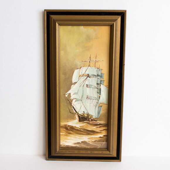 Vintage Nautical Ship Painting in Gold Frame